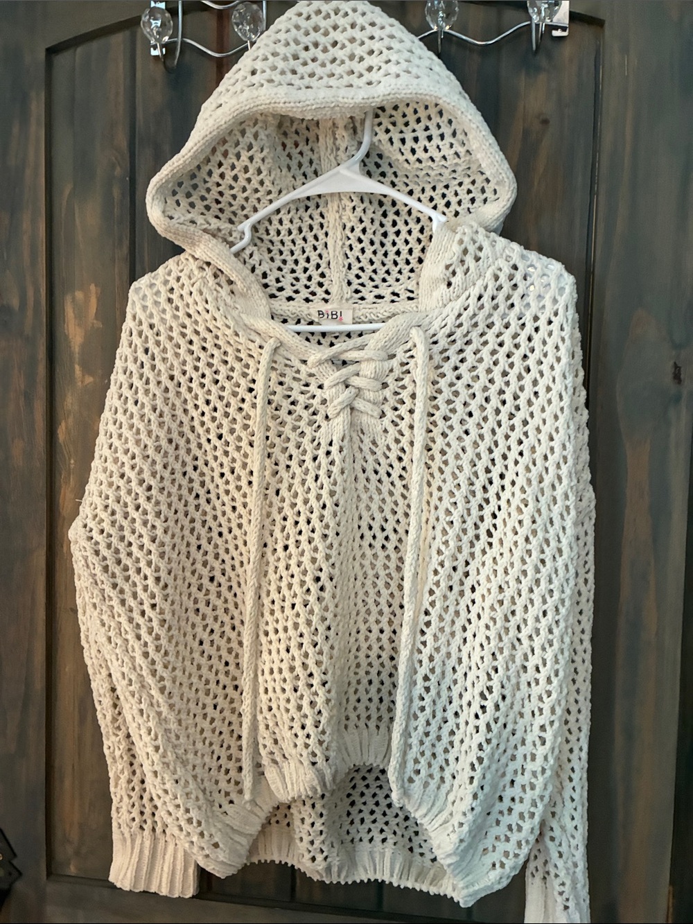 BiBi Boho Cream Open-Knit Hooded  with Lace-Up Neck